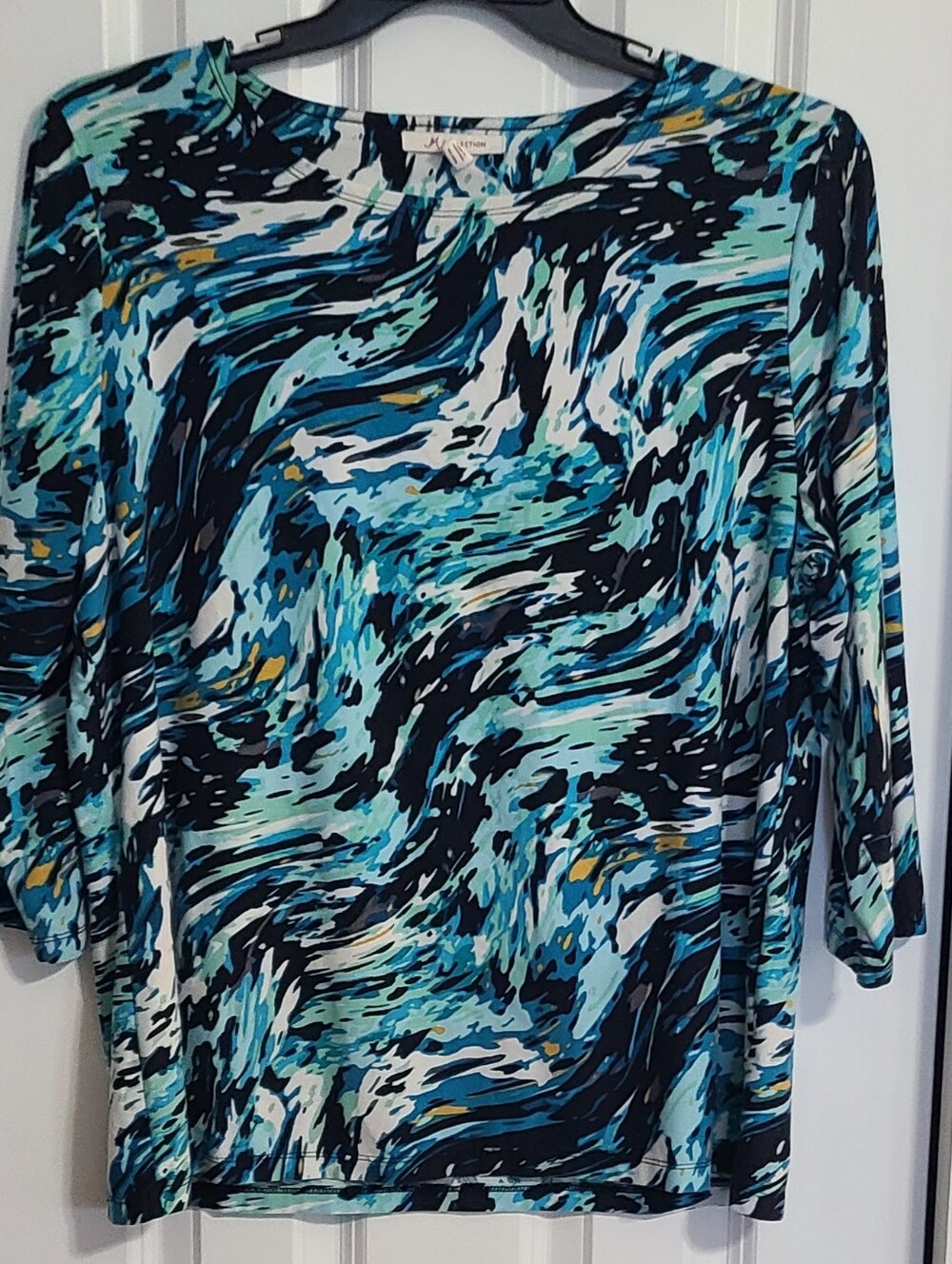 JM Collection Blue, Aqua and Black Abstract Long Sleeve Top